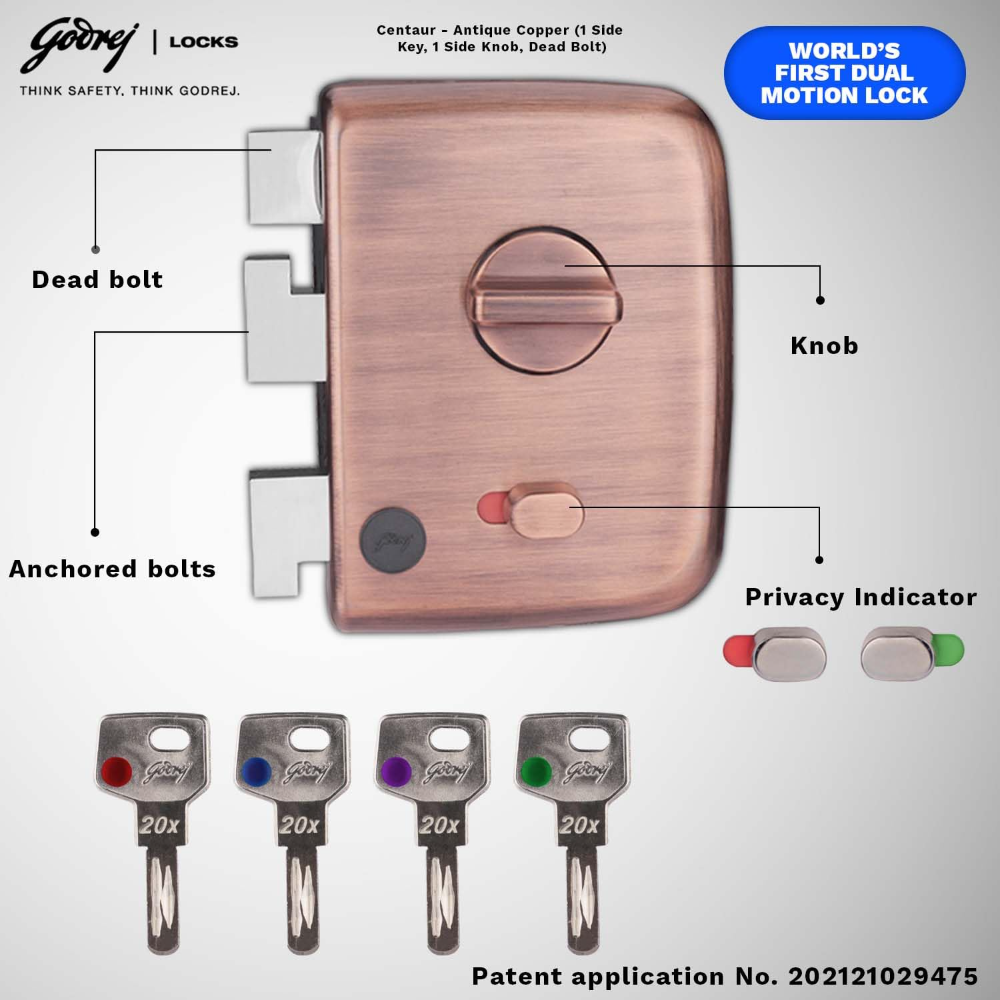 Godrej Rim Lock I Centaur Exs plus I 1Ck Deadbolt I For Home Main Door I For Inside or Outside Opening Door  and Left or Right Handed Doors I 4 Keys I 15 Years WarrantyIManual Locking I Antique Copper Finish